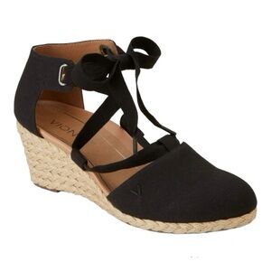 Vionic Kaitlyn Black Canvas Espadrilles Wedge Ankle Strap Sandals Boho Size 11